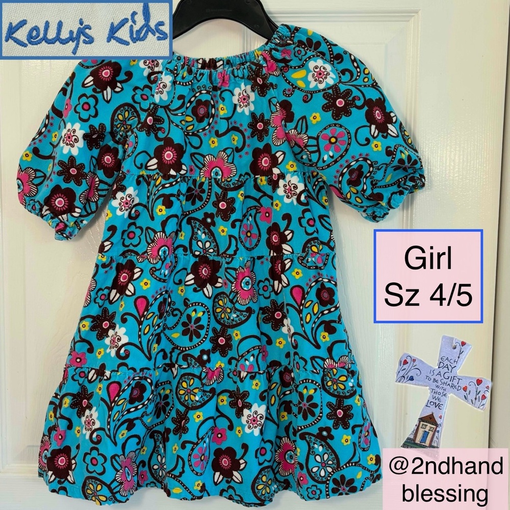 Kelly's Kids Blue Floral Corduroy Dress Girl Sz 4-5 Emily Dress, Tiered Half Slv